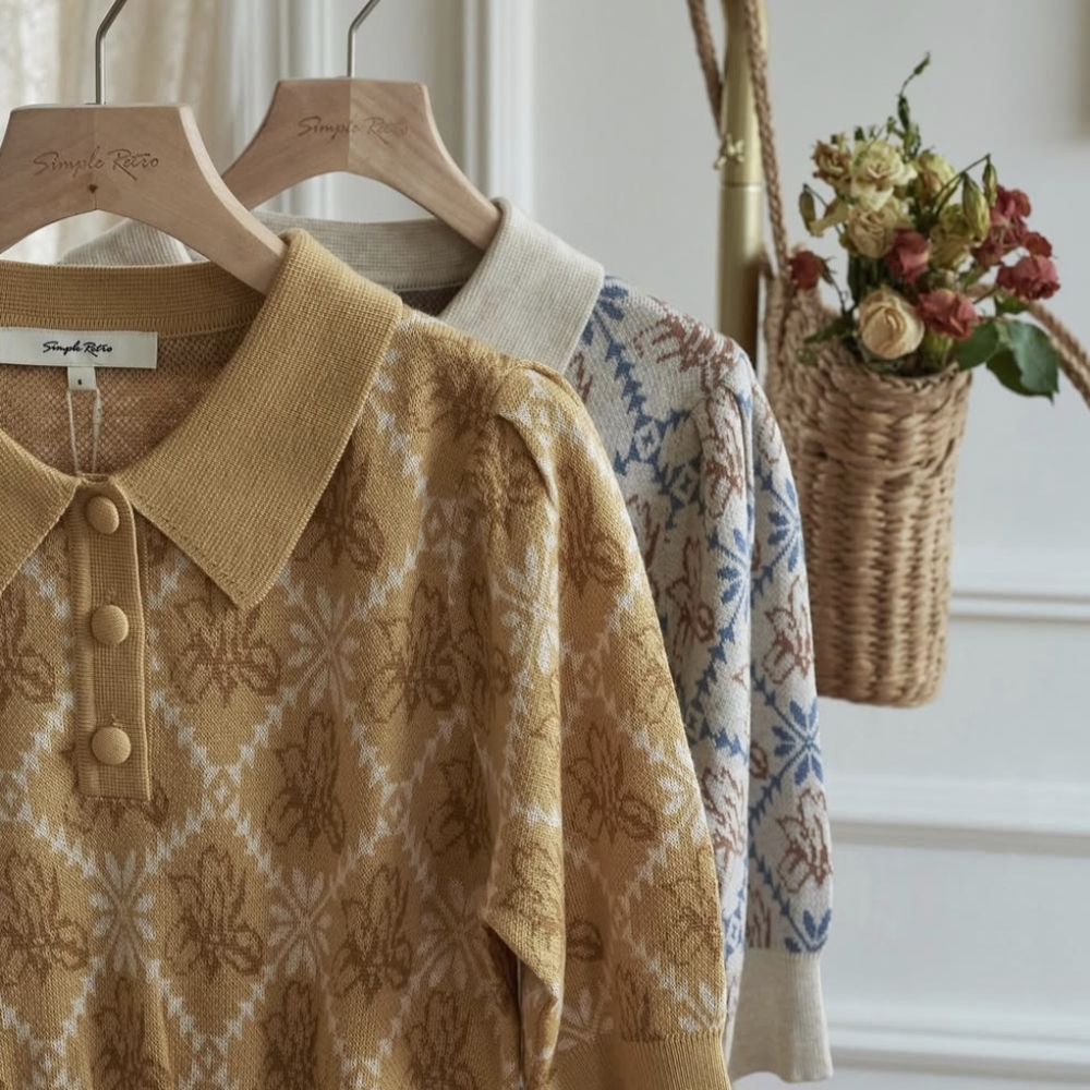 Simple Retro Yellow Patterned Collared Sweater - image 4